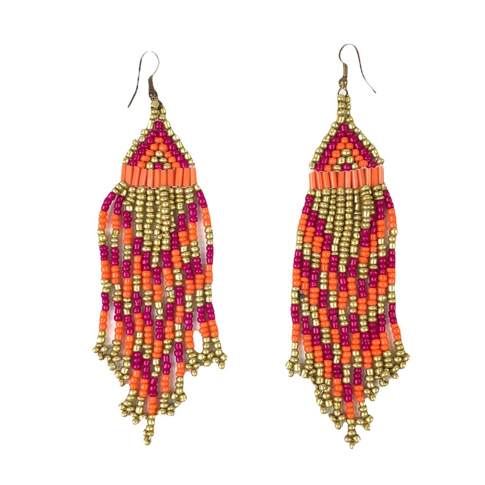 Icing Beaded Tribal Orange & Pink Dangly Earings